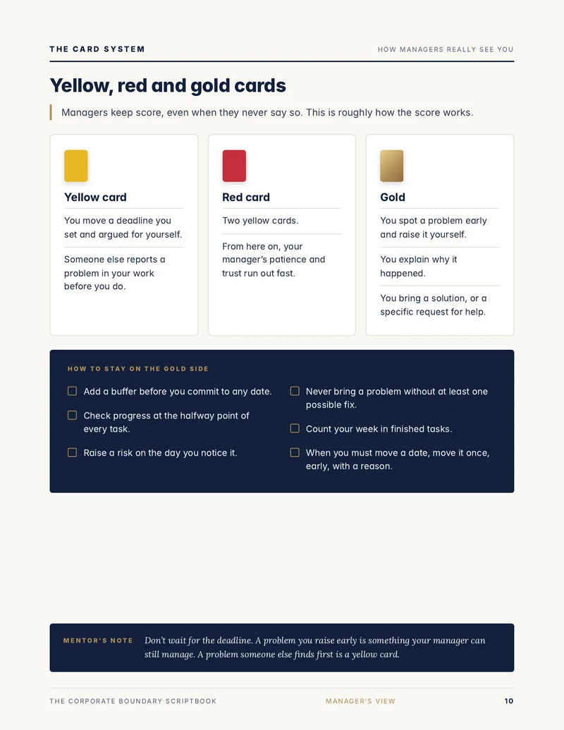 Sample page: the yellow, red and gold card system