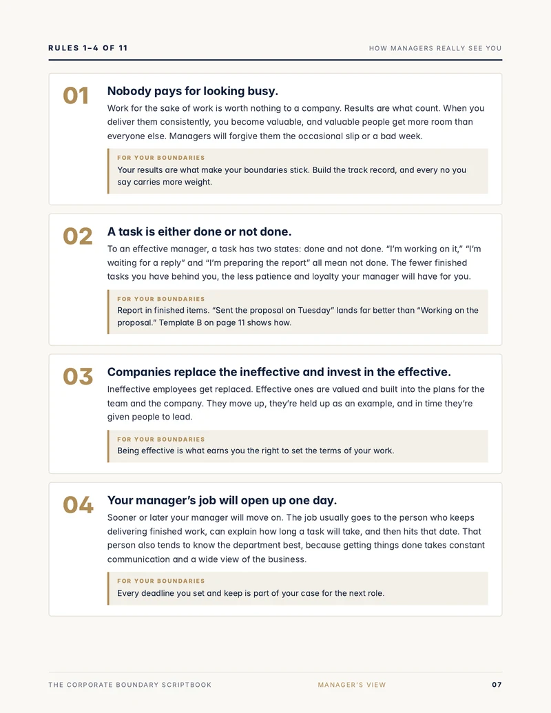 Sample page: rules 1 to 4 of how managers really see you